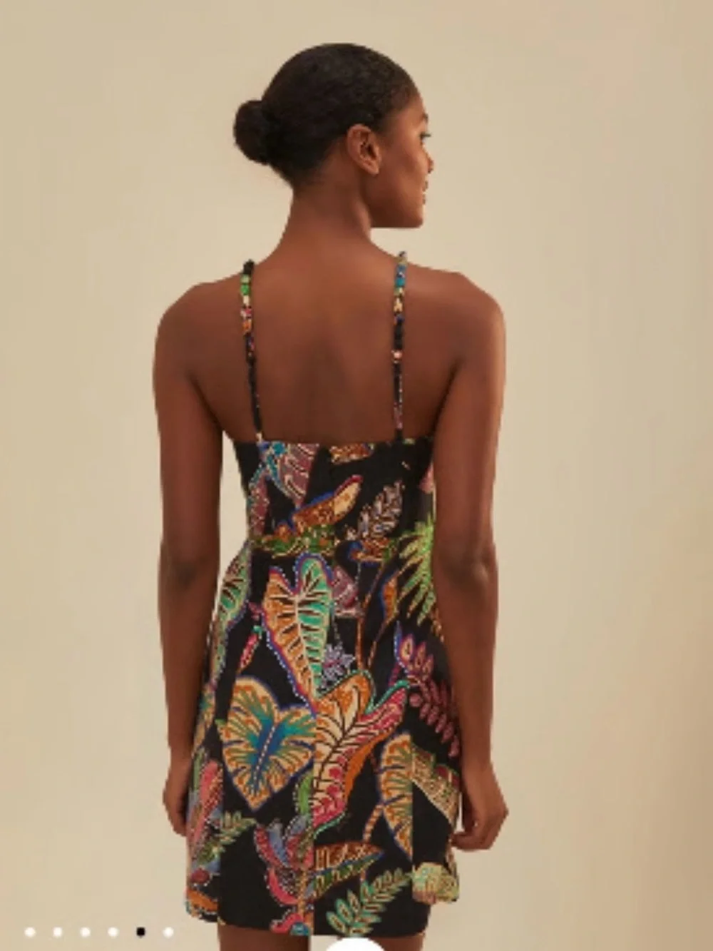 FARM Rio Tropical Leaf Mini Dress Beaded Strap Black Multicolor NWOT - Size L - Picture 2 of 7